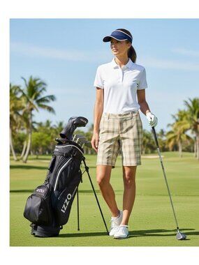 Ladies Izod Golf Plaid Natural Stretch Bermuda Shorts Size 8 Beige & Blue
